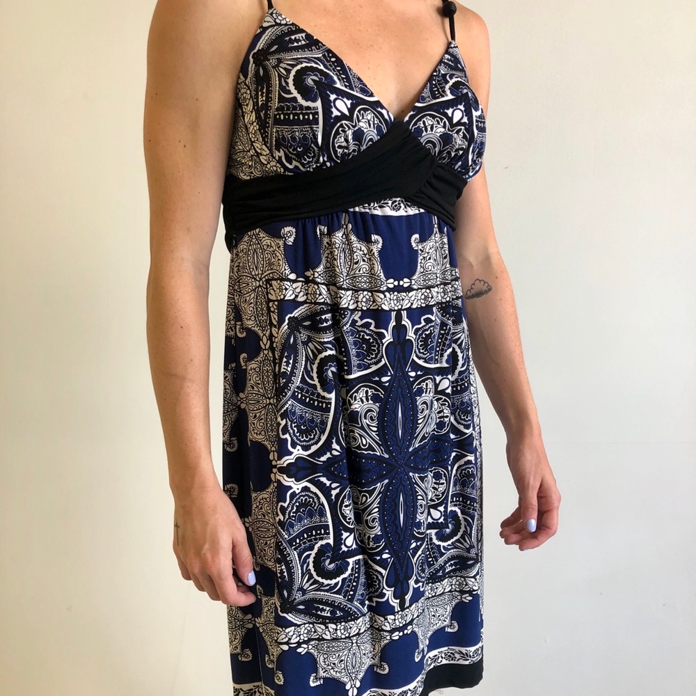 black, blue & white patterned dress